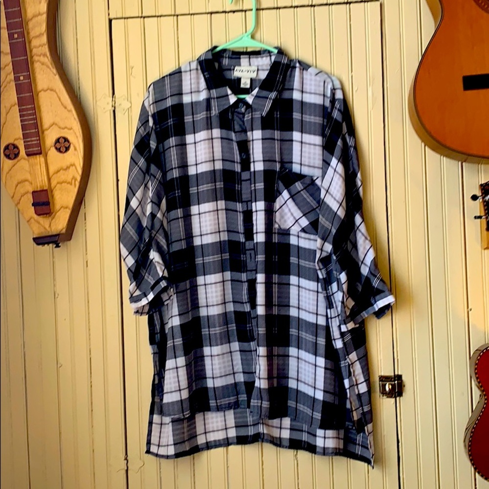 Ava Viv Plaid Short Sleeve Button Down Blouse